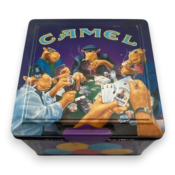 VINTAGE 1994 CAMEL Cigarettes POKER SET 2 Decks& Chips Tin Box JOE CAMEL